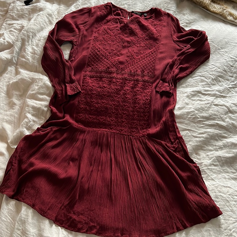 Embroidered Deep Red Massimo Dutti Drop Waist Dress